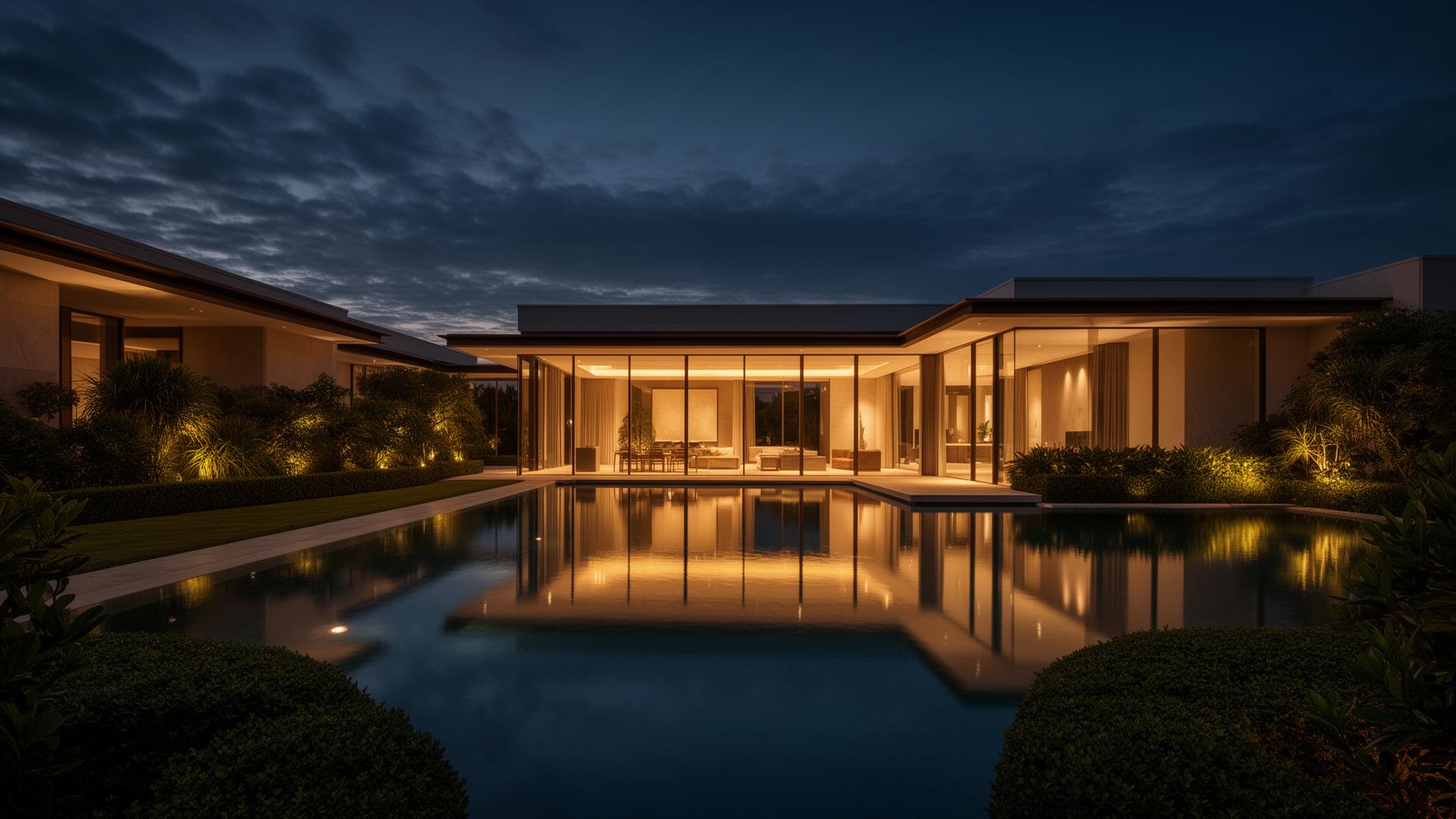 Modern luxury property at twilight with reflective infinity pool